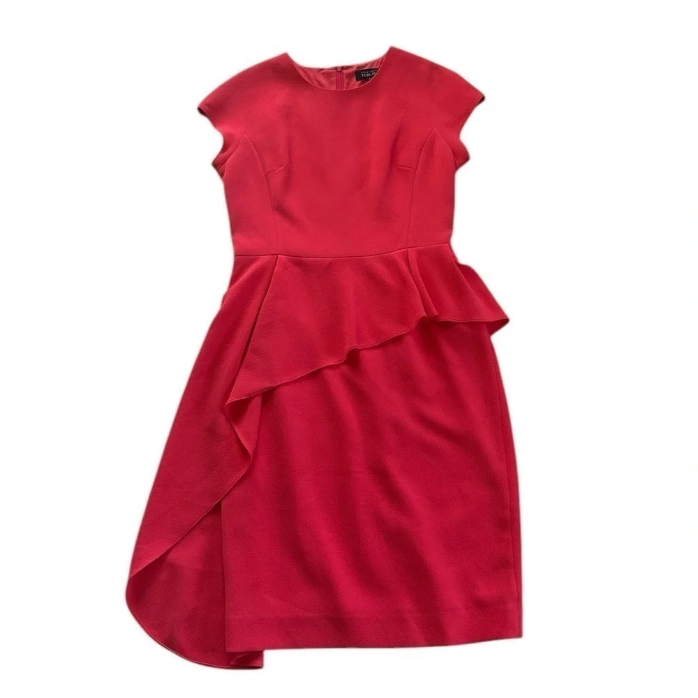 Rickie Freeman Terri Jon size 8 Cap Sleeve Asymmetric Peplum Cocktail Dress Pink